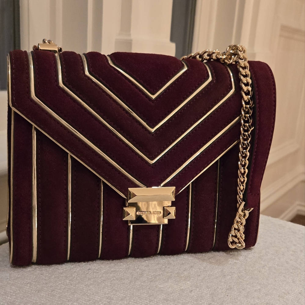 Michael Kors Burgundy Velvet Crossbody Bag with Gold Chain